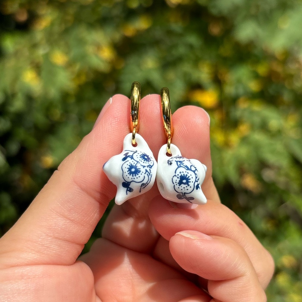 18K Gold Plated Stainless Steel Porcelain Tea Pot Earrings